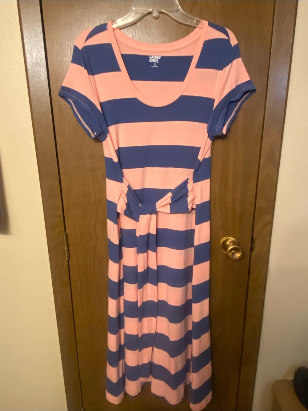 Lands' End Coral Pink and Navy Striped Knot-Front Maxi Dress